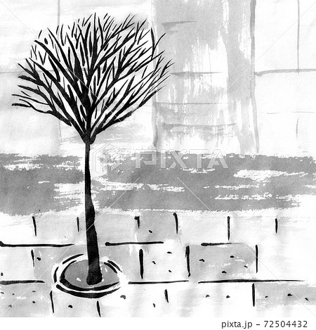 オフィスビルの前の街路樹グレー正方形イラスト 墨の手描きイラスト のイラスト素材