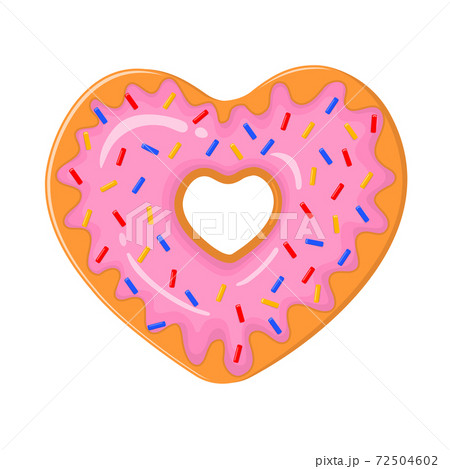 Heart shaped donut isolated on white background. Delicious dessert, sweet snack for Valentines day. Doughnut decorated with pink glaze and colorful sprinkles. Vector illustration Heart shaped donut isolated on white background. Delicious dessert, sweet snack for Valentines day. Doughnut decorated with pink glaze and colorful sprinkles. Vector illustration 72504602