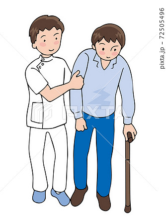 杖歩行する男性と介助者のイラスト素材