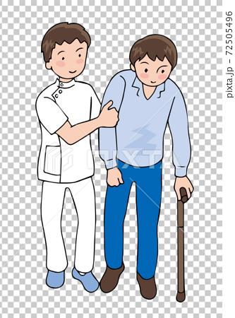 杖歩行する男性と介助者のイラスト素材