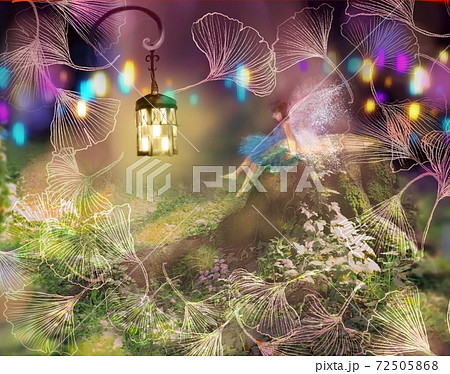 洋風庭園と切り株の上に腰掛けるかわいい妖精とクラシックなランプとカラフルな灯りのイラストのイラスト素材