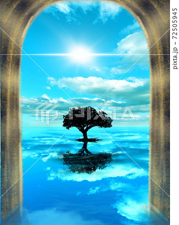 西洋の石の門の向こうに広がる青い海に反射した眩しい青い空と木のシルエットのイラスト素材