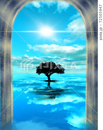 西洋の石の門の向こうに広がる青い海に反射した眩しい青い空と木のシルエットのイラスト素材