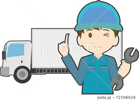 トラックと指差しする整備士のイラストのイラスト素材