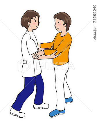 前方からの介助で歩行する女性と 介護者のイラスト素材