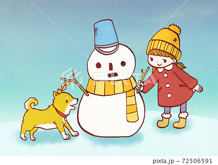 雪だるまを作る女の子と芝犬のイラスト背景ありのイラスト素材