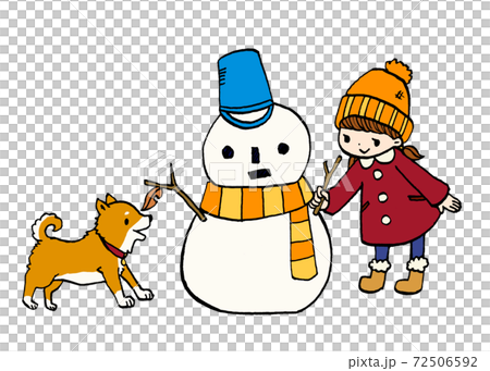 雪だるまを作る女の子と芝犬のイラスト1のイラスト素材