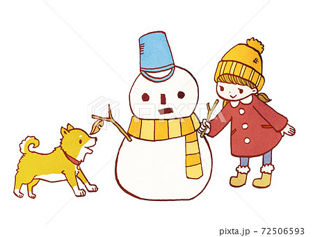 雪だるまを作る女の子と芝犬のイラスト2のイラスト素材