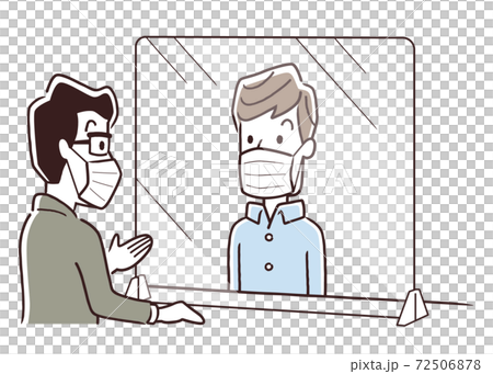 Vector illustration material: Corona measures, partition, window, customer service, reception, mask, correspondence 72506878