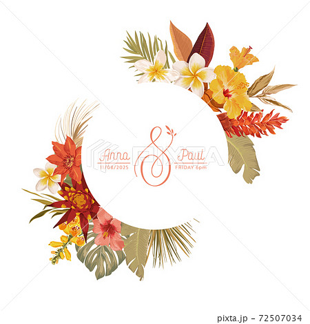Floral wreath with watercolor dry tropical flowers, tropic palm leaves. Vector summer vintage orchid flower banner Floral wreath with watercolor dry tropical flowers, tropic palm leaves. Vector summer vintage orchid flower banner 72507034
