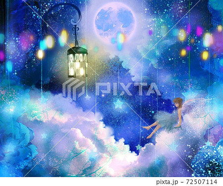 ふわふわゆめかわいい雲の上に腰掛ける妖精と満月と輝くランプの挿絵風イラストのイラスト素材