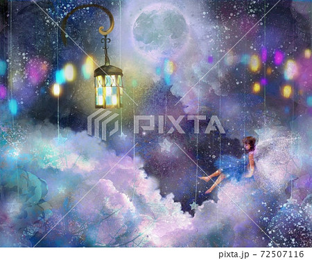 ふわふわゆめかわいい雲の上に腰掛ける妖精と満月と輝くランプの壁紙のイラスト素材