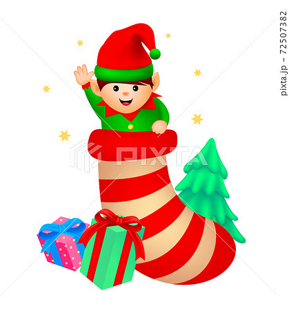 Cartoon little elf in sock. Cartoon little elf in sock. 72507382
