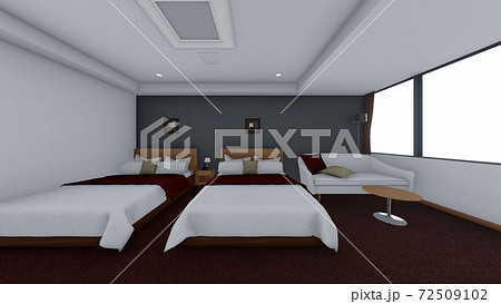 ホテル ダブルベッド 赤ベース 内観パース 背景なし22のイラスト素材