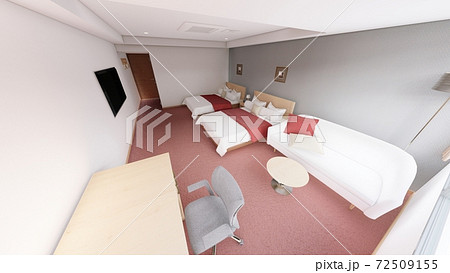 ホテル ダブルベッド 赤ベース 内観パース 背景なし13のイラスト素材