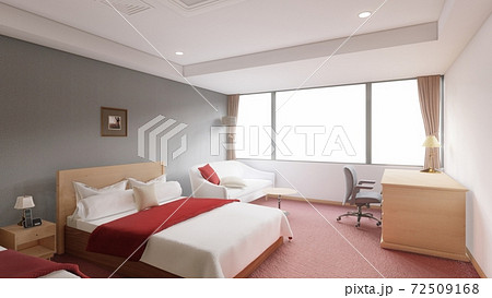 ホテル ダブルベッド 赤ベース 内観パース 背景なし1のイラスト素材