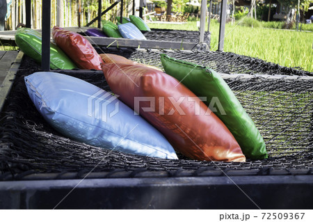 Colorful pillows on net seat among nature 72509367