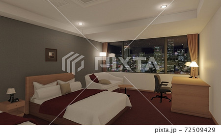 ホテル ダブルベッド 赤ベース 内観パース 背景夜景1のイラスト素材