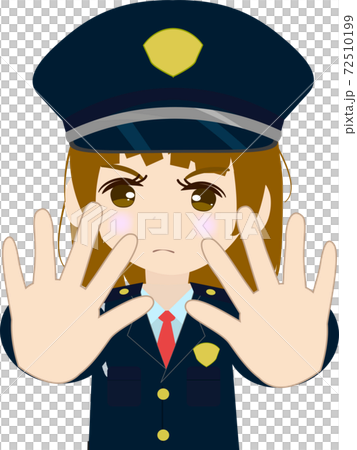 Illustration of the upper body of a cute girl guard who poses a stop with both hands 72510199