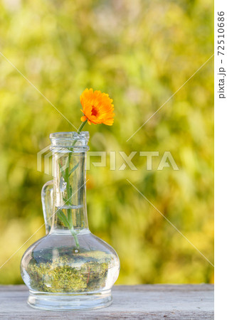 Calendula flower with a stem in a glass flask on wooden board. 72510686