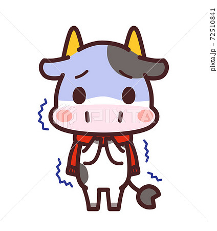 寒がる牛のかわいいキャラクター マフラー イラストのイラスト素材