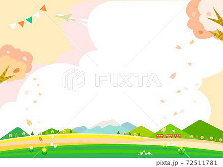 桜色の春のお出かけ背景イラスト 満開の桜とお花畑のイラスト素材