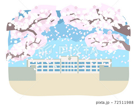 桜 満開 花びら 背景 青空 校舎 切り抜き イラストのイラスト素材