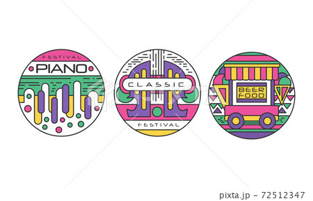 Festival Logos Set, Piano, Classic Music, Food and Beer Festival Labels or Stickers of Round Shape Vector Illustration Festival Logos Set, Piano, Classic Music, Food and Beer Festival Labels or Stickers of Round Shape Vector Illustration 72512347
