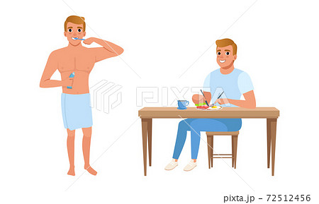 Guy Brushing Teeth and Having Breakfast Set, Young Man Activity and Daily Routine Cartoon Vector Illustration 72512456