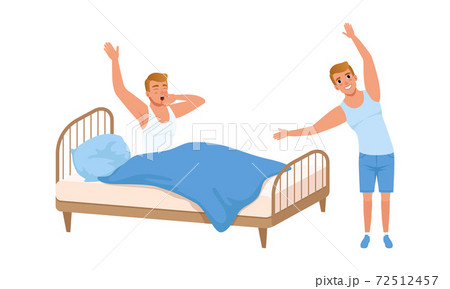 Guy Waking up and Doing Morning Workout Set, Young Man Activity and Daily Routine Cartoon Vector Illustration 72512457