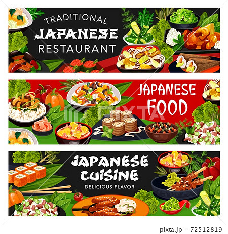 Japanese restaurant food with Asian dishes banners Japanese restaurant food with Asian dishes banners 72512819