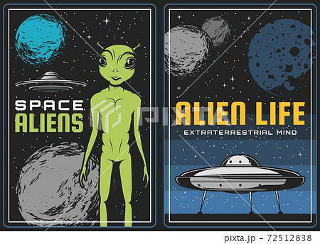 Retro poster with alien and ufo spaceship in space 72512838