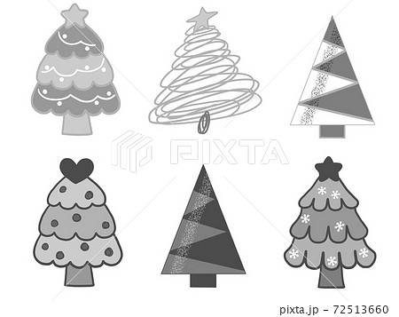 手描き風やかっこいいシンプルなど色々なクリスマスツリーイラスト白黒グレーセットのイラスト素材