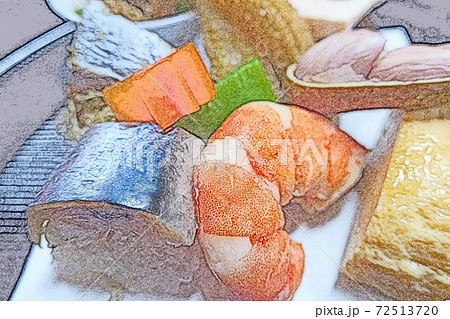 旅先での外食「ワンプレート料理」色鉛筆画風 72513720