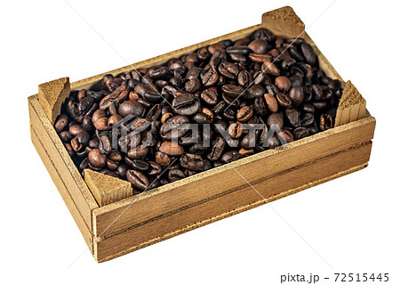 Roasted Coffee Beans in a Small Wooden Crate 72515445