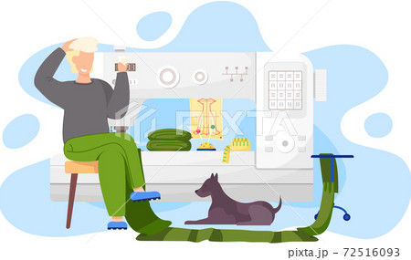 Guy sitting with cards in his hands. Designer working with sewing machine. Man with dog in studio Guy sitting with cards in his hands. Designer working with sewing machine. Man with dog in studio 72516093