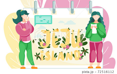 Women tourists are going on a trip, looking at the banner for travel to the south korean island Jeju Women tourists are going on a trip, looking at the banner for travel to the south korean island Jeju 72516112