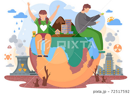 Planet destroyed by human activity. Unsuccessful Earth care. Globe polluted by factories 72517592