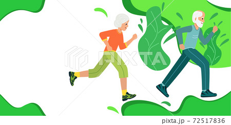 Grandmother and grandfather run in park. Older people play sports. 72517836