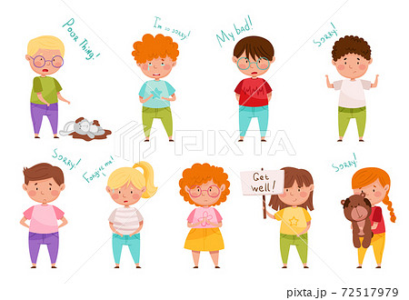 Little Boy and Girl Feeling Sorry and Expressing Regret for Bad Thing Vector Set 72517979
