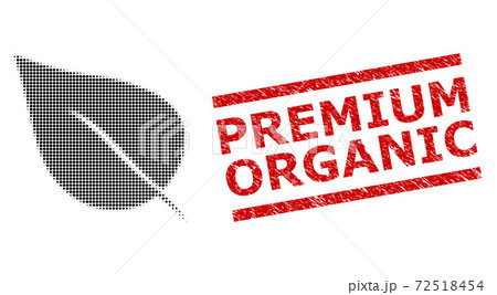 Grunge Premium Organic Seal and Halftone Dotted Plant Leaf Grunge Premium Organic Seal and Halftone Dotted Plant Leaf 72518454
