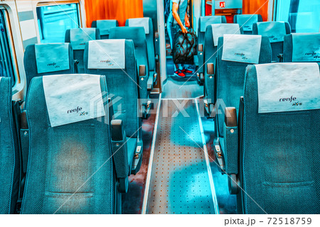 Interior of modern hi-speed passenger train of Spanish railways Interior of modern hi-speed passenger train of Spanish railways 72518759