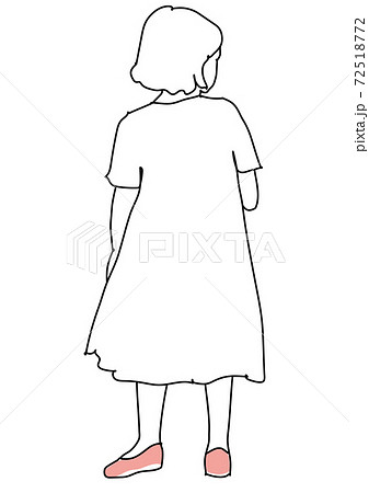 後ろ向きの赤い靴の幼い少女 線画のイラスト素材