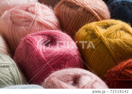Beige colors of yarn wool on shopfront 72519142