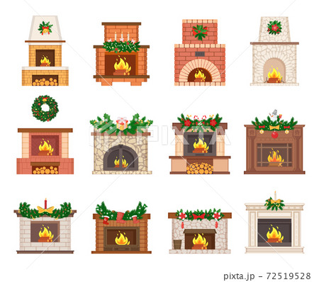 Fireplace Decorated by Christmas Toys Vector Set 72519528