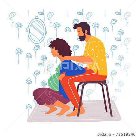 Birth position, man support pregnant woman during birth pains, squatted female lean at male knees Birth position, man support pregnant woman during birth pains, squatted female lean at male knees 72519546