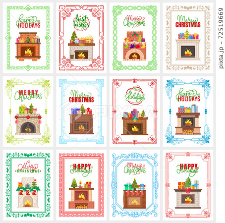 Merry Christmas Set of Greeting Cards Fireplace Merry Christmas Set of Greeting Cards Fireplace 72519669