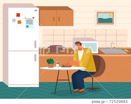 Eating guy at home, man sit alone at table, eat delicious food, stylish interior of modern kitchen 72520683