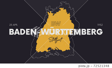 16 of 16 states of Germany with a name, capital and detailed vector Baden-Wurttemberg map for printing posters, postcards and t-shirts 72521348