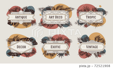Decorative geometric borders and frames, with abstract shapes in terracotta color and tropical leaves, vintage art deco style, vector template Decorative geometric borders and frames, with abstract shapes in terracotta color and tropical leaves, vintage art deco style, vector template 72521908